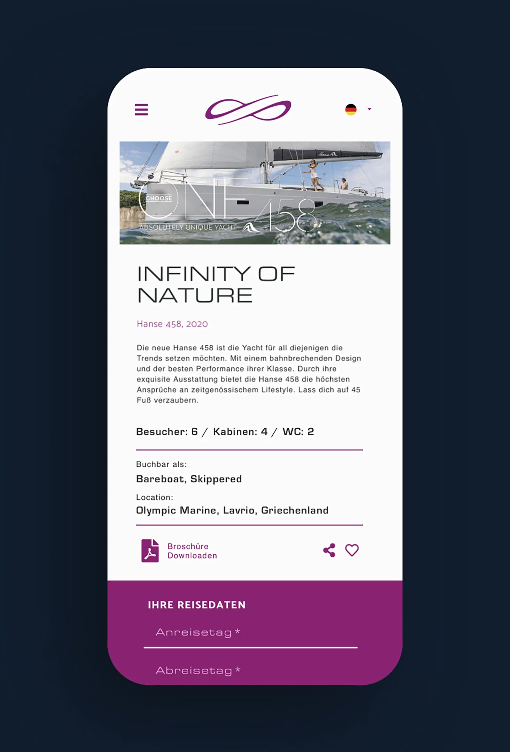 Eine Smartphone Ansicht der Infiniti-Yacht.S Webseite - Yacht 458